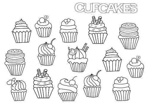 Online coloring book: Coloring page cupcakes with various fillings